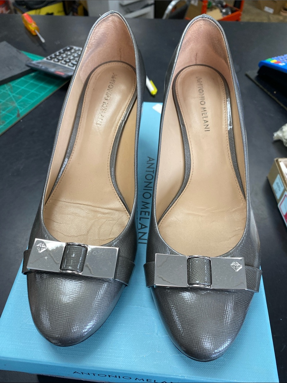 ANTONIO MELANI Metallic Gray Bow Pointed-Toe Flats